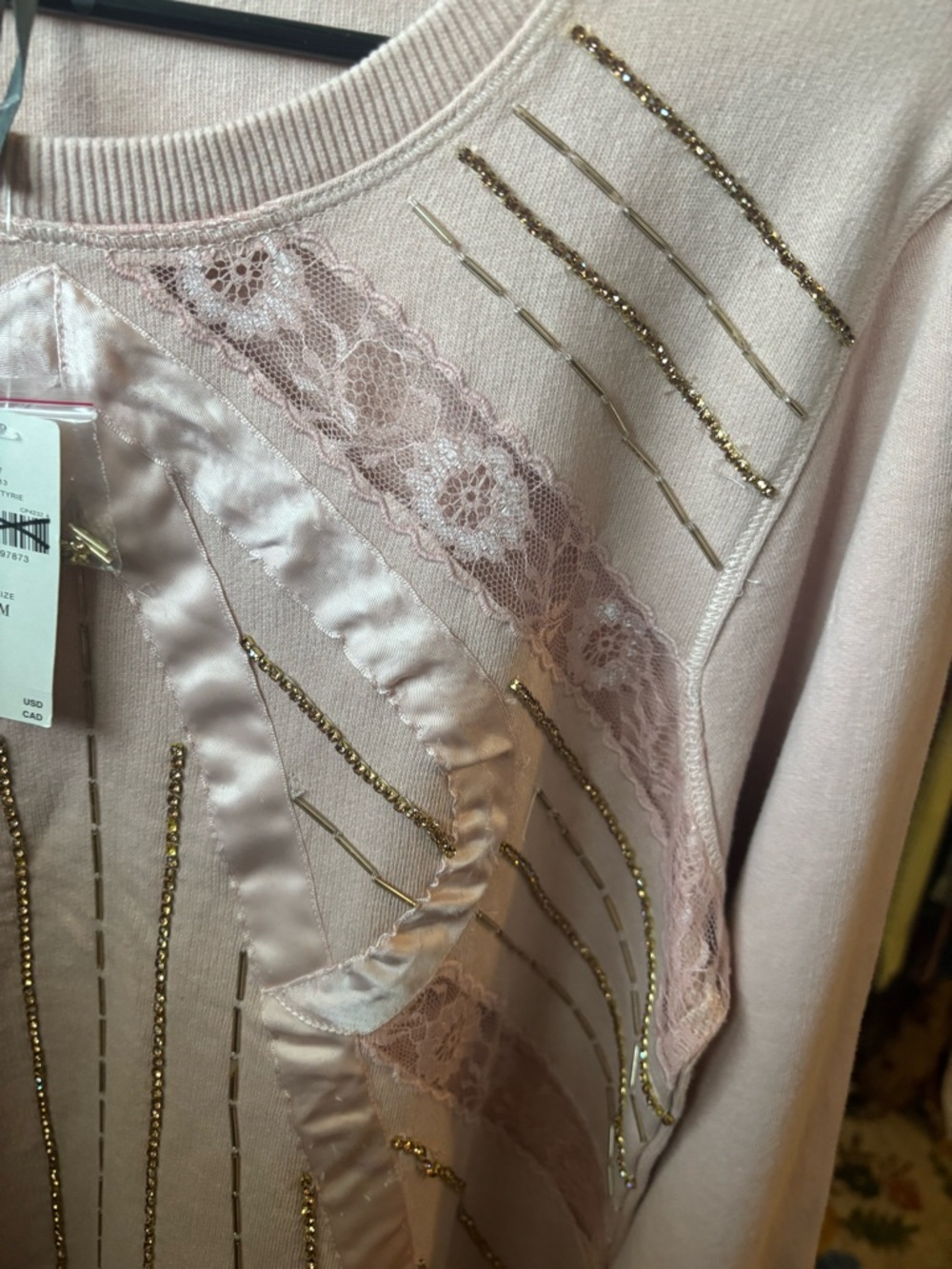 Anthropologie Blush Pink Crewneck Sweater with Satin Detail - Picture 2 of 8